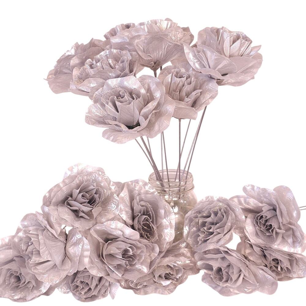 21 Silver Metallic Silk Rose Stems 3" Artificial Flowers Floral Craft Wedding